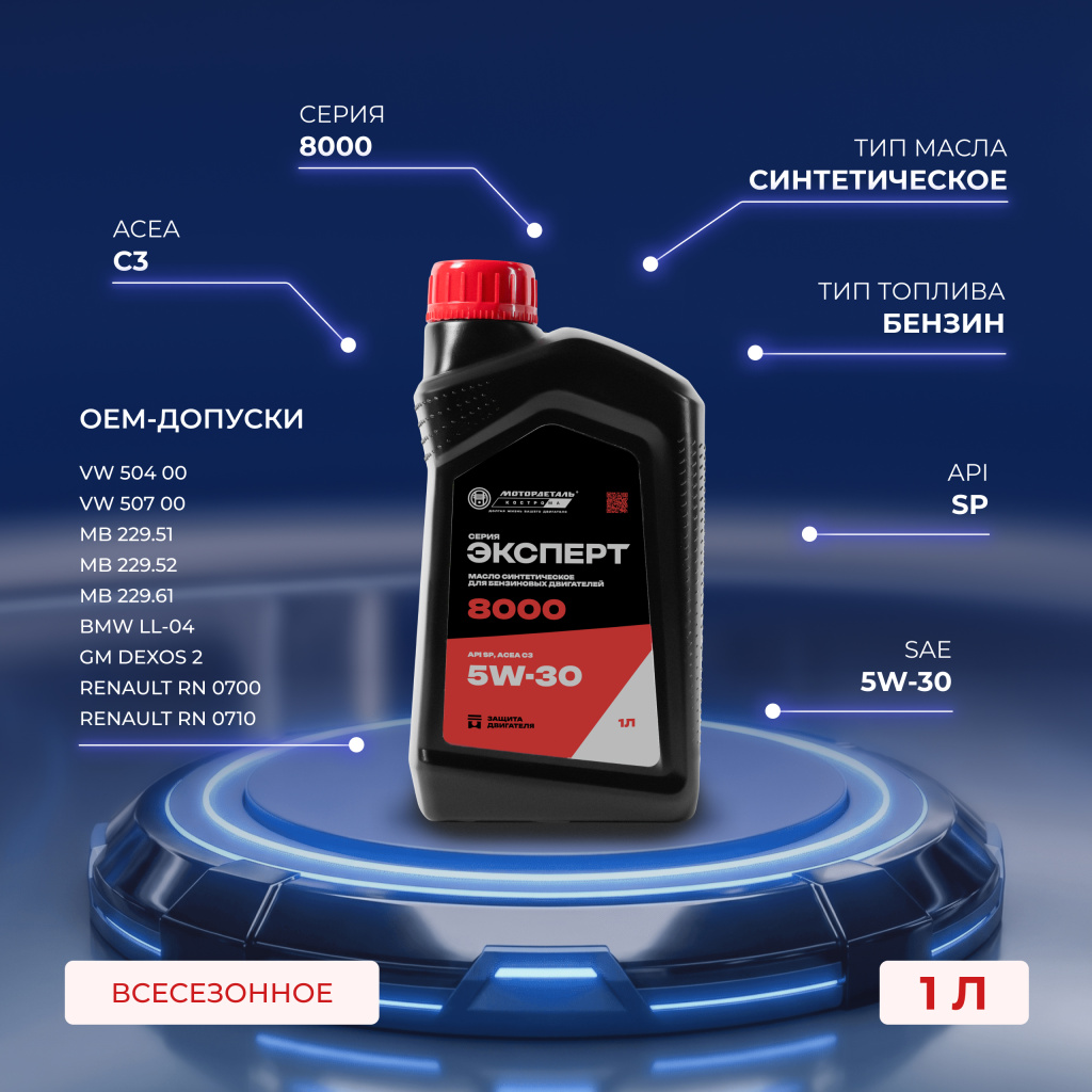 Масло моторное МОТОРДЕТАЛЬ ЭКСПЕРТ 8000 5W-30 API SP, ACEA C3 1л
